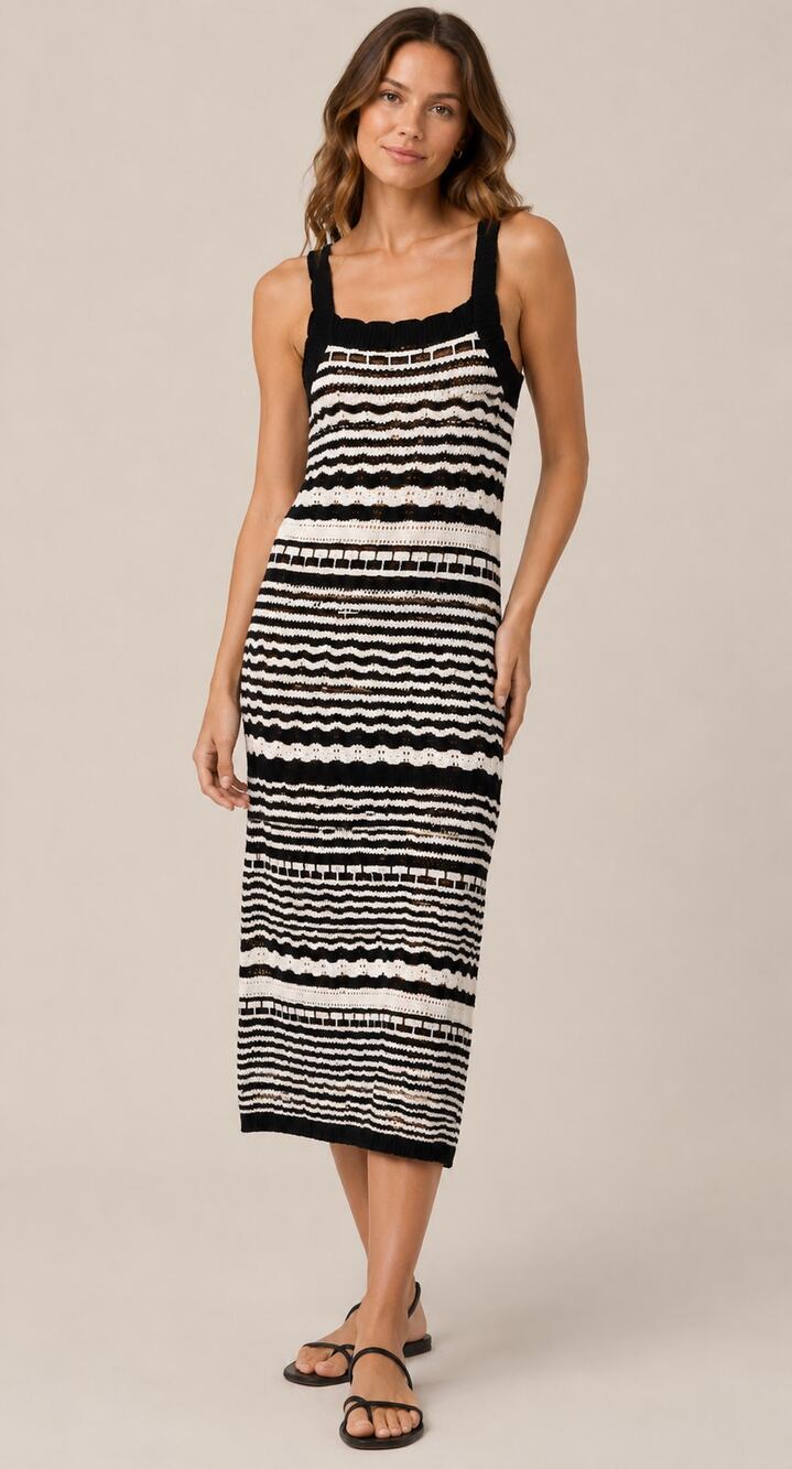 NWT Joie Striped Knit Crochette Midi Dress Black White Sleeveless Size Medium